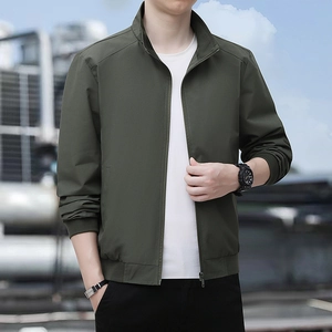 Men's casual dark green stand collar jacket with full zip and ribbed cuffs for spring