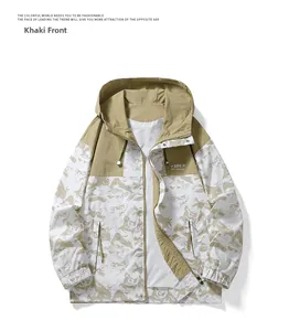 Detailed front view of hooded jacket featuring khaki contrast and camo pattern panels