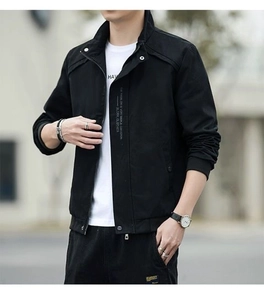 Detail of men's black stand-collar casual jacket with vertical minimalist text printing