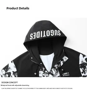 Detail view of hooded windbreaker featuring adjustable drawstring and branding logo