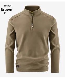Close-up of the quarter-zip collar and warm fleece texture on this brown pullover