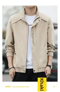 Detail of khaki casual men's jacket featuring a stand collar and stylish English print detail