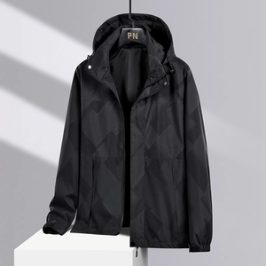 Men's waterproof hooded outdoor jacket with geometric pattern in black and gray