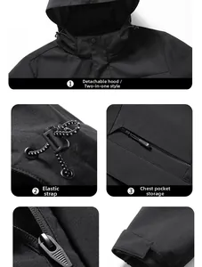 Detail of waterproof outdoor jacket with detachable hood, chest pocket and adjustable cuffs