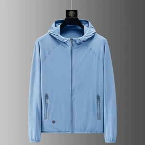 Light blue men's hooded sun protection jacket with breathable ice silk fabric in XL size