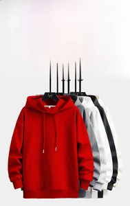 Detail of multi-color hooded sweatshirts in red, grey, white and black with kangaroo pockets