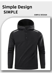 Detail of black men's hoodie featuring neck buttons and white reflective shoulder stripes