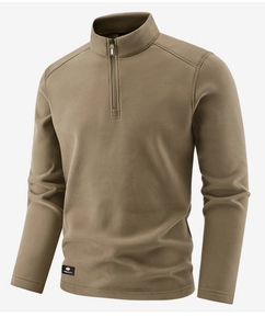 Detail view of khaki polar fleece half-zip sweater with eSports hem label