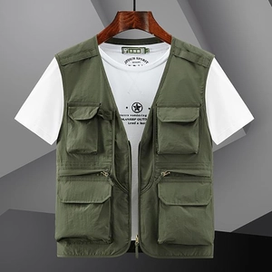 Men's dark green multi-pocket mesh outdoor vest for fishing, hiking, and photography use