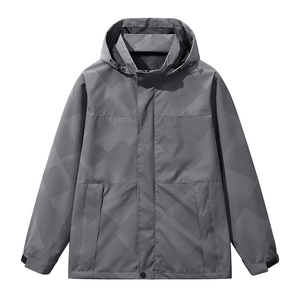 Men's dark grey hooded windbreaker jacket with geometric patterns and velcro cuffs