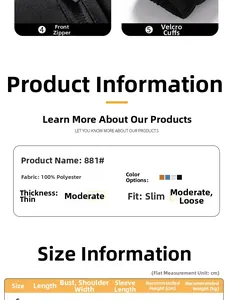 Size chart and technical specifications for waterproof hooded outdoor jacket with 100% polyester
