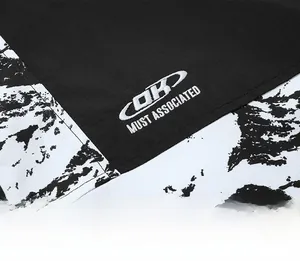 Detailed embroidery text on a black and marble patterned streetwear windbreaker jacket