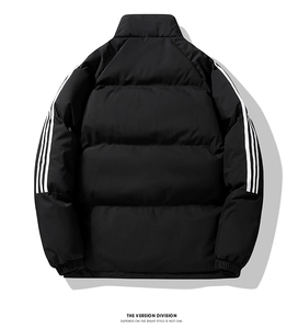 Detail view of the contrast stripes on sleeves of this black padded winter jacket