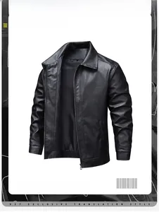 Detail view of black faux leather jacket for men featuring a lapel collar and zip closure