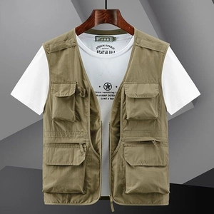 Men's khaki multi-pocket mesh vest for fishing and hiking with a zipper and V-neck design
