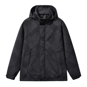 Waterproof men's hooded jacket in dark grey with geometric patterns for outdoor hiking