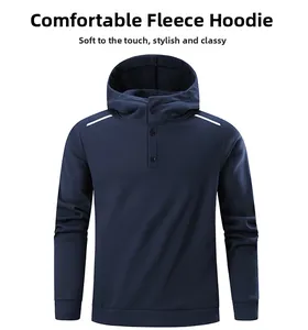 Detail of navy men hoodie featuring high neck button placket and shoulder stripes