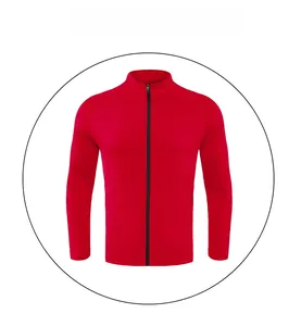 Detail view of red athletic jacket with high neck collar and black full zipper closure