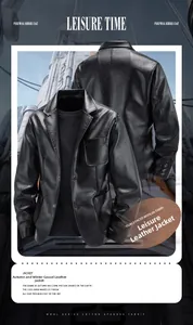 Front and back view of men's slim fit black leather jacket with blazer collar design