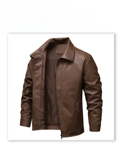 Detail of brown leather jacket featuring a classic lapel collar and metal zipper closure