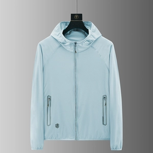 Men's light blue UV protection sun shirt with UPF 50+ rating and breathable hooded mesh fabric