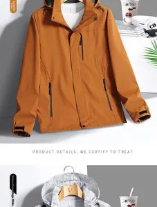 Detail view of waterproof outdoor jackets in caramel and camo white with adjustable hoods