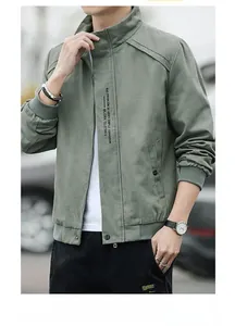 Detail of olive green casual jacket featuring a ribbed stand collar and zip closure