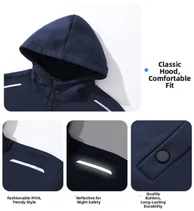 Detail of navy hoodie with three-button collar and reflective shoulder print