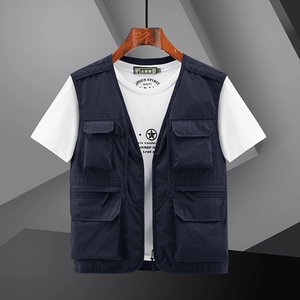 Men's lightweight multi-pocket mesh outdoor vest for fishing and hiking in dark blue