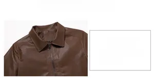 Detail view of the brown leather jacket featuring a lapel collar and zip-up front