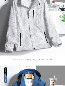 Detail of waterproof outdoor jackets in white floral print and denim blue with hood