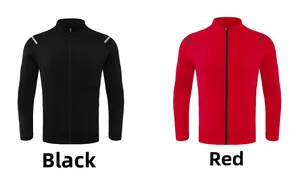Detailed view of black and red lightweight stand-collar sports jackets with shoulder patches