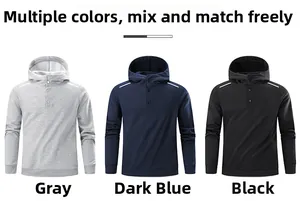 Detailed view of three casual hoodies featuring button plackets and reflective shoulder stripes