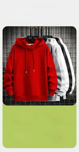 Close-up of men's hoodies in red, grey, white, and black with drawstring hoods