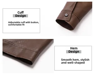 Detail view of adjustable button cuffs and straight hem on a brown leather jacket