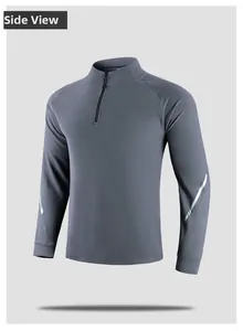 Detail view of reflective stripes on long-sleeve sports shirt with quarter zipper