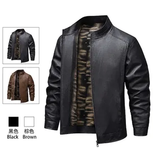Men Fashion PU Leather Jacket Stand Collar Zipper Fleece Lined Windproof Smart Casual Outerwear Coats For Winter Autumn