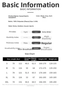 Detailed size chart for men's fleece hoodie showing S-XXL measurements and dimensions