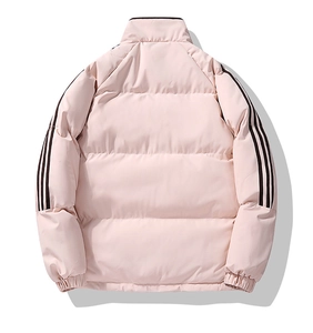 Detailed back view of a pink puffer jacket with three black stripes and elastic hem