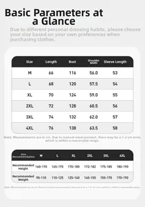 Detailed size chart for men's hoodies including measurements and height recommendations