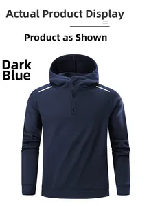 Detail of dark blue hoodie with high-neck buttons and white reflective shoulder stripes