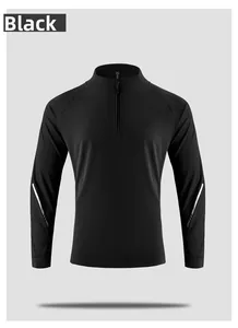 Detail of men's black sports sweatshirt with reflective silver strips and stand-up collar