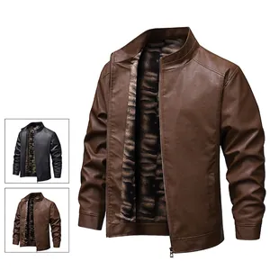 Mens faux leather windproof jacket with tiger print fleece lining and stand collar
