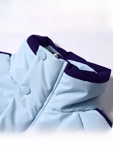 Close-up of windproof stand collar with snap buttons on blue contrast winter jacket