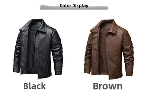 Men's leather jackets displayed in black and brown colors with a turn-down collar design
