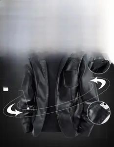 Detailed view of notch lapel and fine leather texture on men's slim fit casual jacket