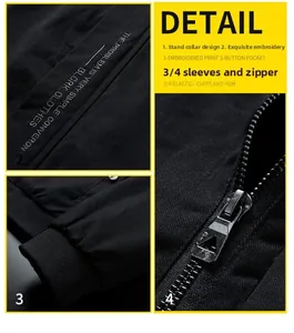 Detail of stand collar, letter embroidery, elastic cuffs and metal zipper on black jacket