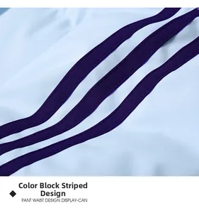 Close-up of contrast purple stripes stitched on light blue sports jacket fabric
