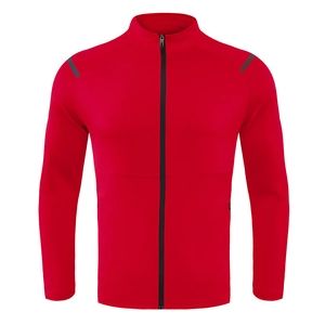 Detail of red sports jacket featuring a stand collar and gray reflective shoulder strips