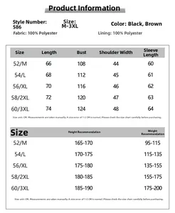Size chart for men's leather jacket showing measurements for M to 3XL in black and brown